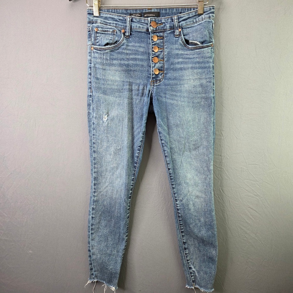 SeeThruSoul Skinny Jeans Womens 27 Blue High Rise Button Fly Raw Hem Distress